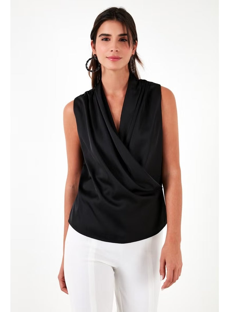 Lela Double Breasted Collar Sleeveless Satin Blouse Women's Blouse 611BZ0341 - Image 5